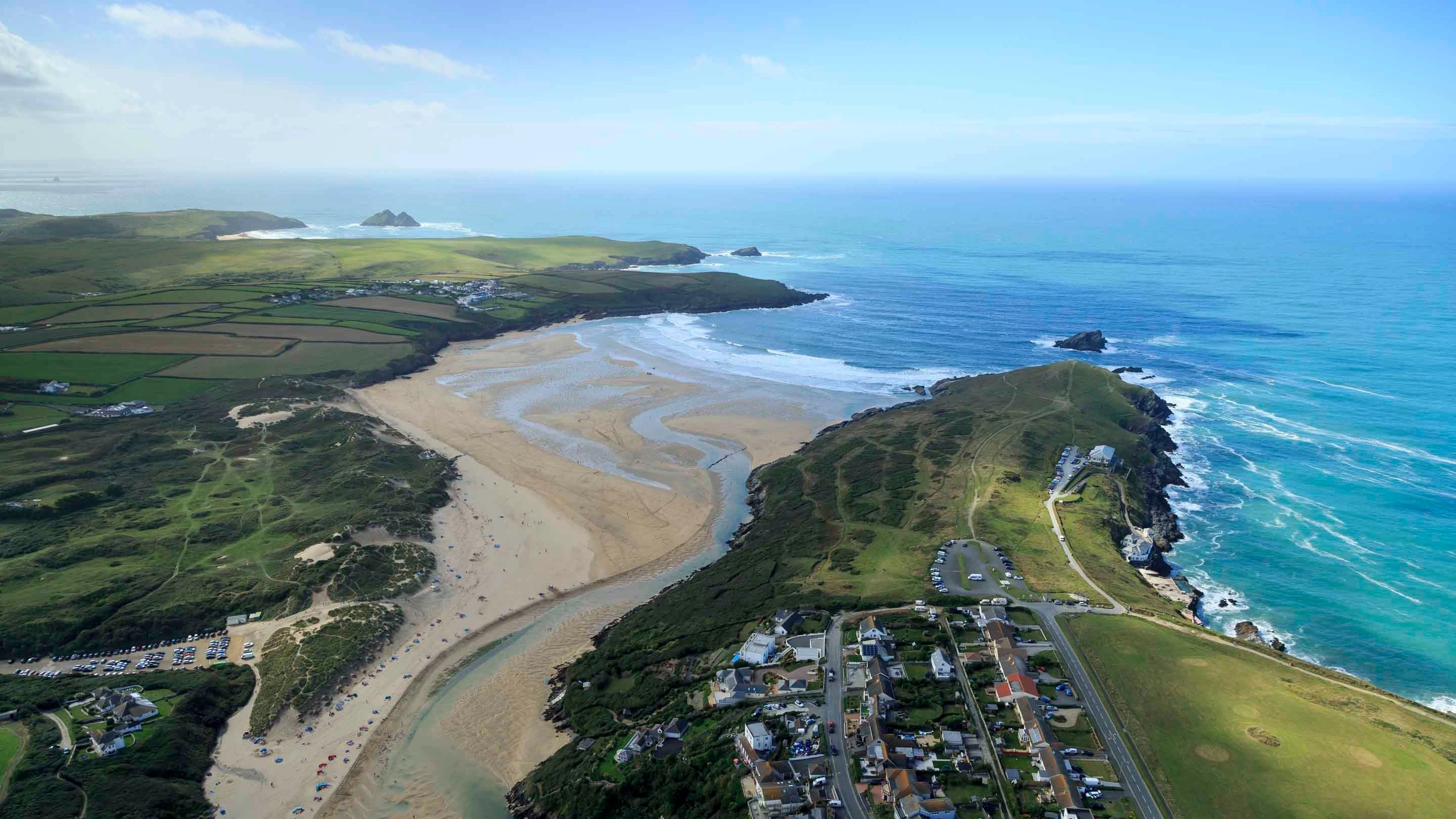 Aerial view of Crantock village and coastline