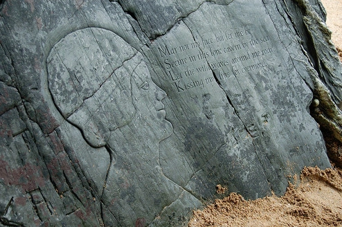 The Joseph Prater cave poem carving on Crantock Beach